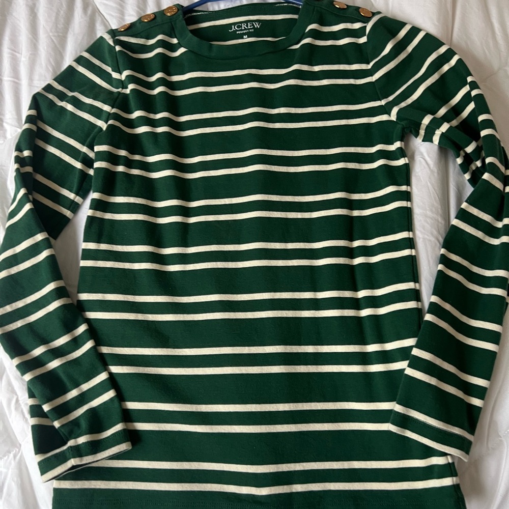 J. Crew Forest Green and Cream Striped Top